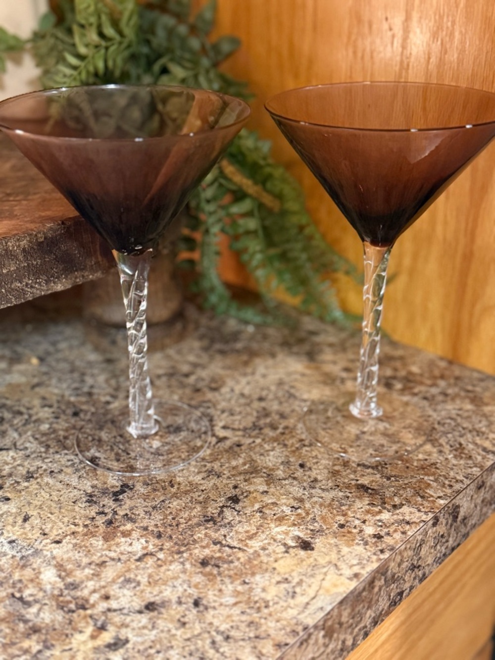 Pair of Amethyst Martini Glasses with Twisted Clear Stem Barware 7.5”